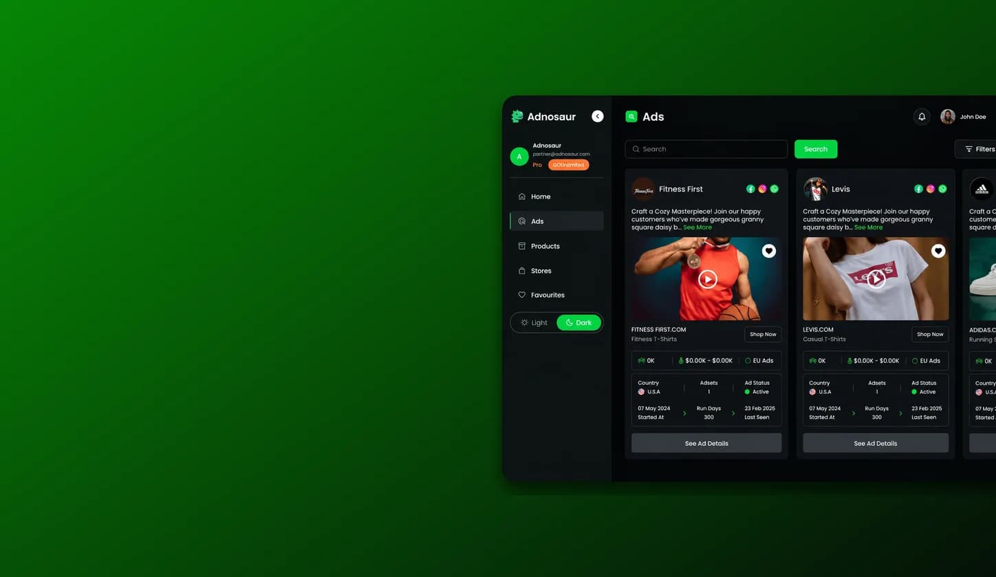 Adnosaur hero showing brand green background and competitor ads intelligence dashboard