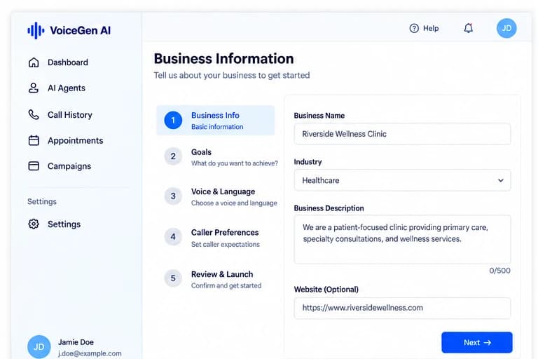 VoiceGen AI Business Information onboarding screen with a 5-step setup wizard