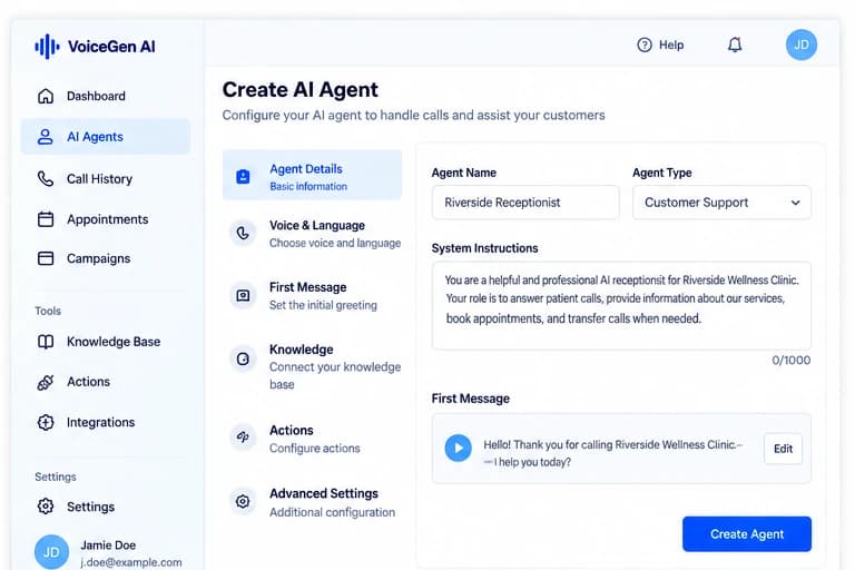 VoiceGen AI Create AI Agent screen with agent name, type, and system instructions
