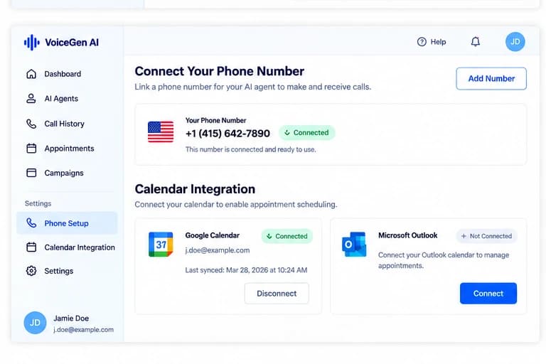 VoiceGen AI phone number and Google Calendar / Microsoft Outlook integration screen