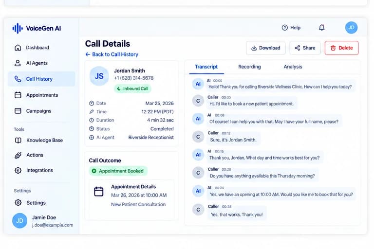 VoiceGen AI Call Details screen showing an inbound call transcript and booked appointment outcome