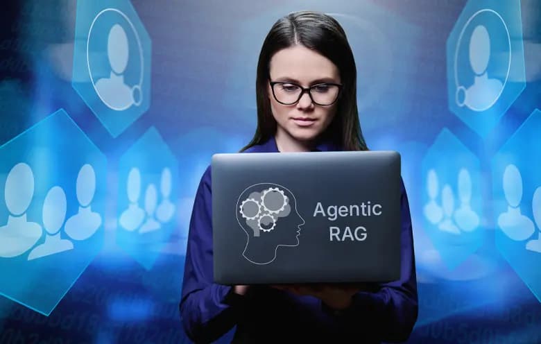 Woman working on a laptop labeled Agentic RAG with customer icons in background