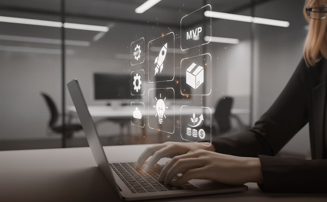 Woman typing on a laptop with MVP and startup icons overlay