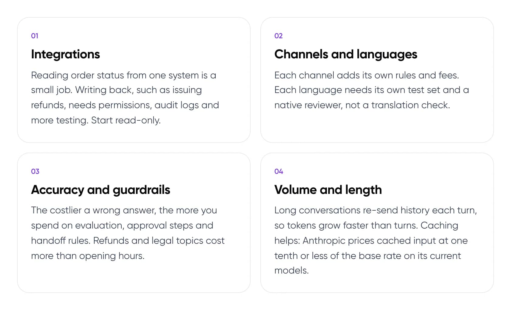Four drivers of AI support agent cost: integrations, channels and languages, accuracy and guardrails, volume and length