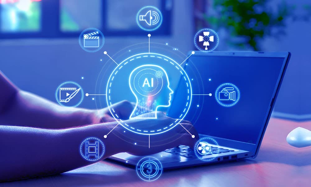 Hand touching a glowing AI icon head with automation icons