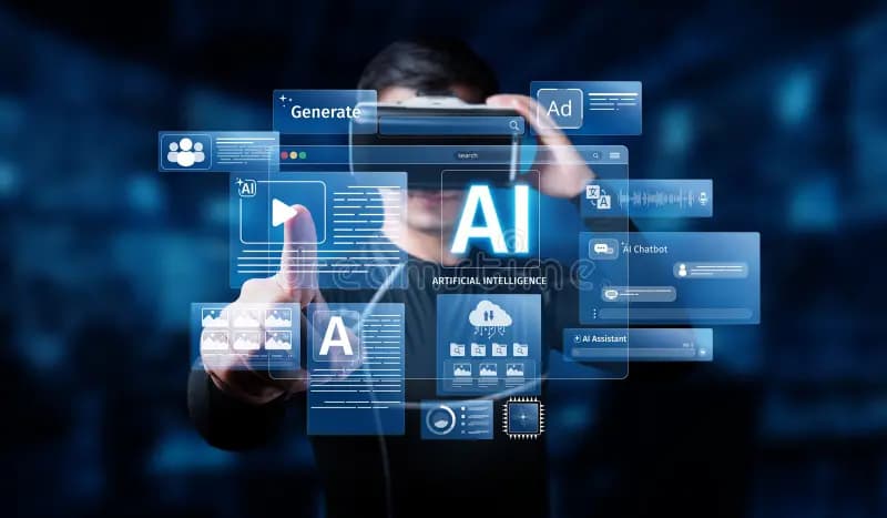 Person wearing a VR headset interacting with AI content generation panels