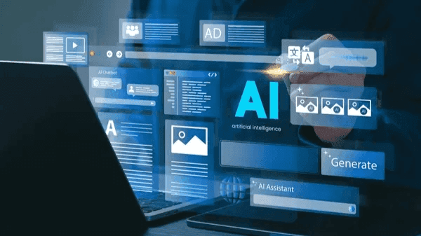 Hand interacting with AI content generation and image tools on a laptop