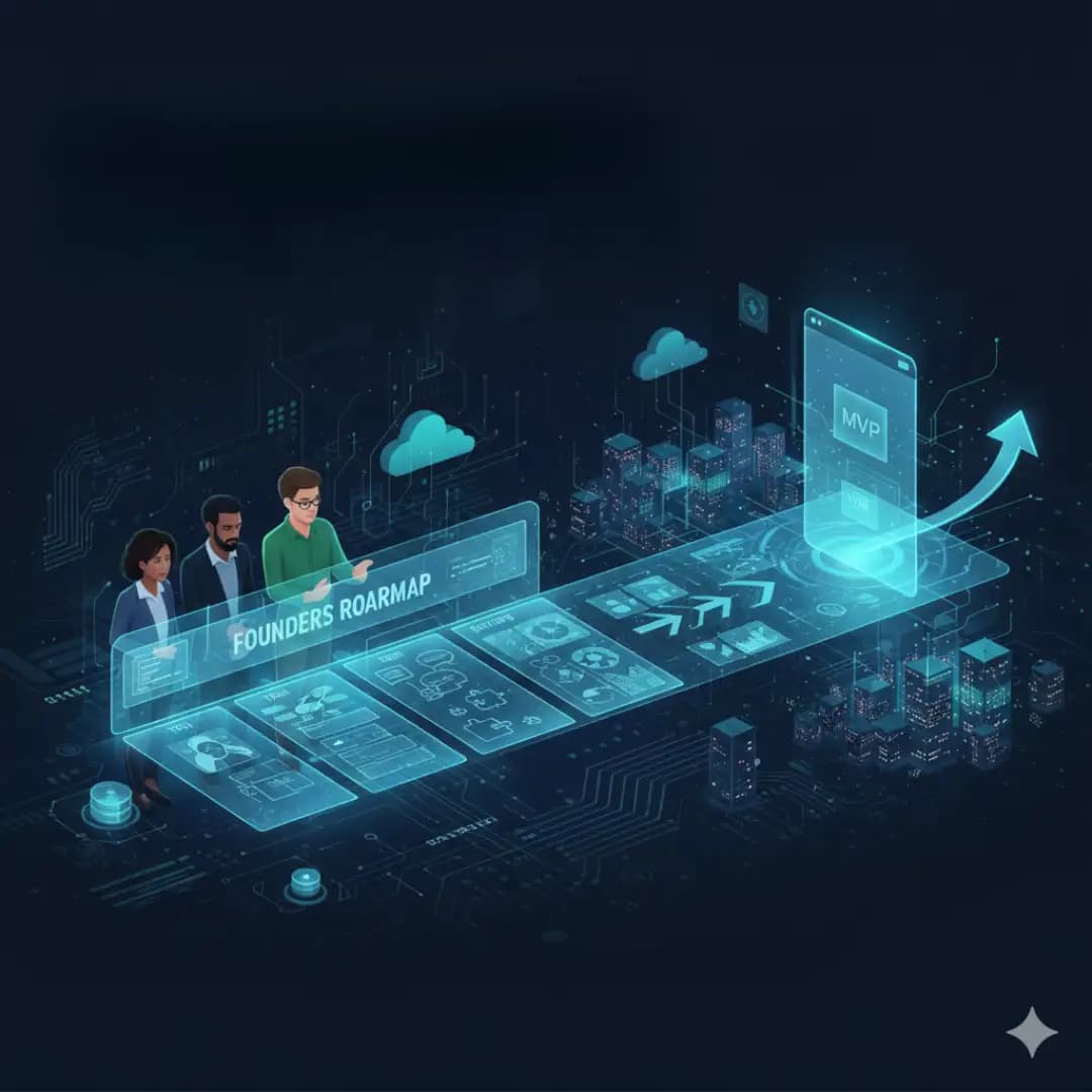 Illustration of a founders roadmap with a team building an MVP