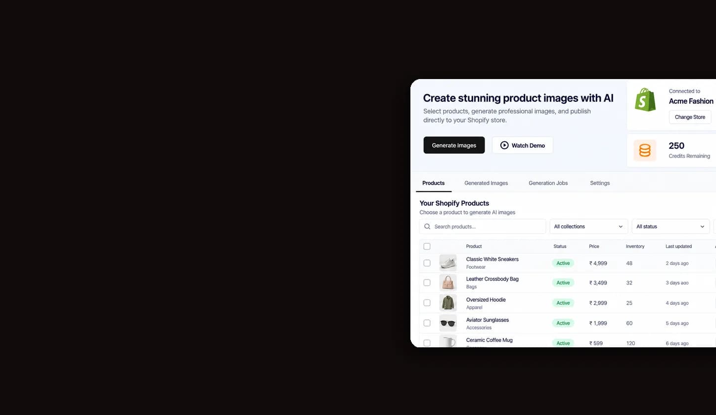 Brand Kings AI product photography dashboard — create stunning product images with AI, connected to a Shopify store