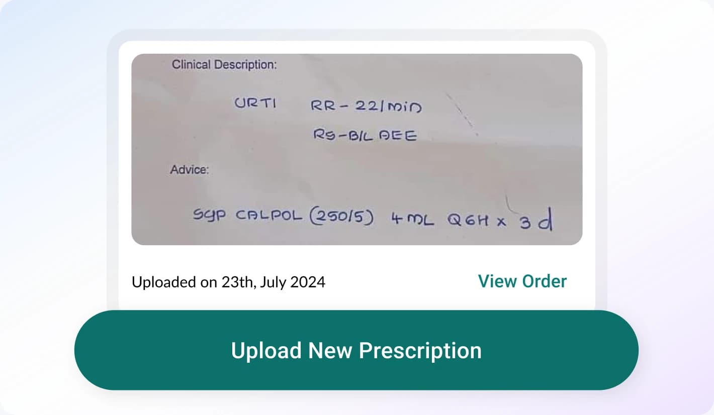 DocPharma prescription history card with an upload new prescription button