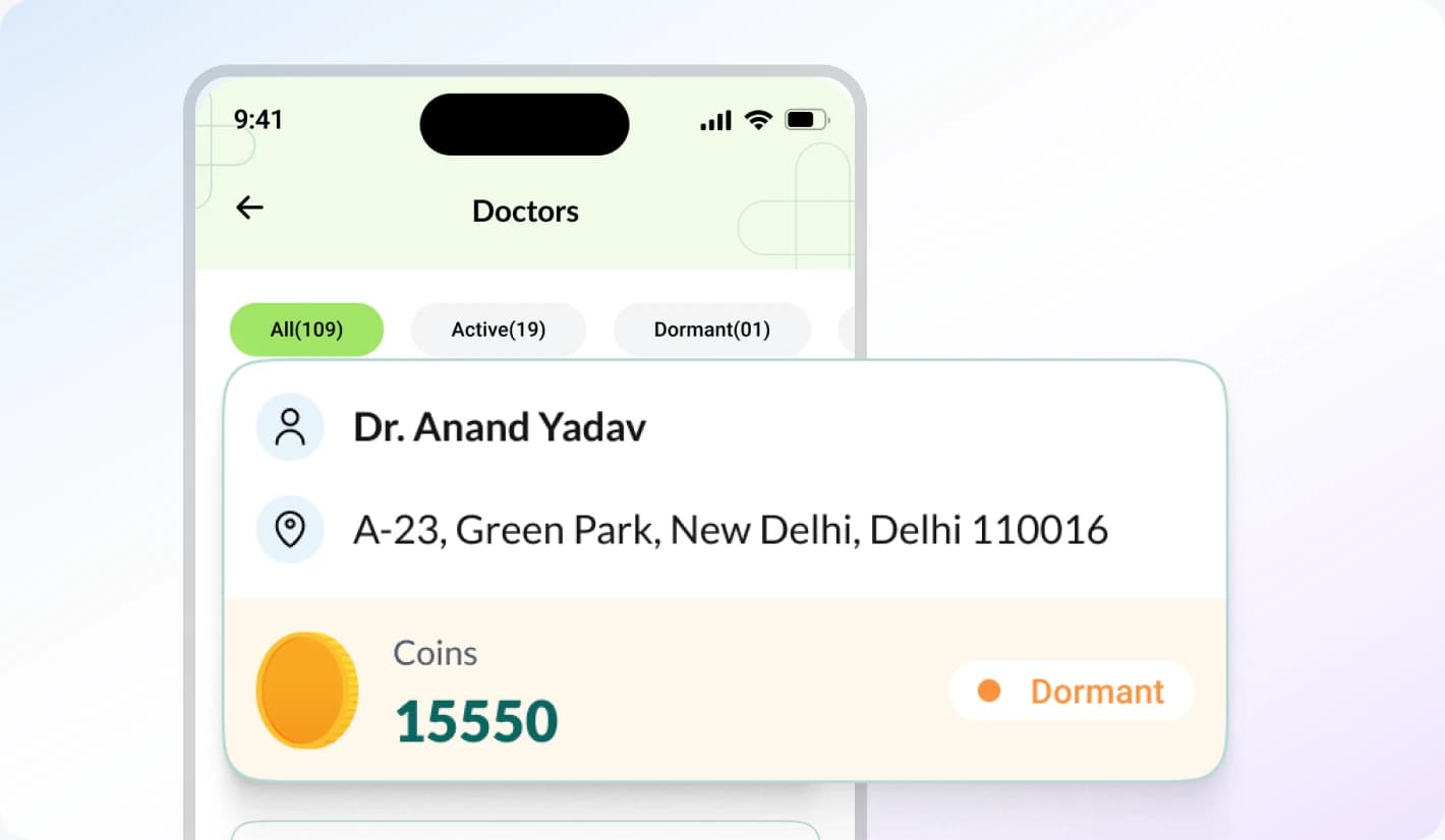 DocPharma doctors directory screen with a doctor profile card showing coin balance and dormant status