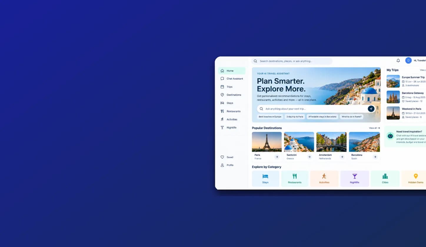 FlexTrip Travel AI travel assistant dashboard with trips and destination recommendations