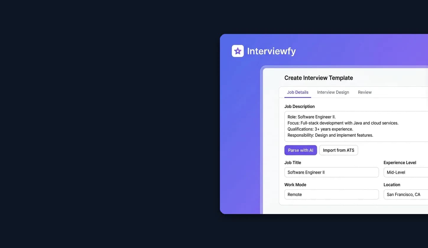 Interviewfy Create Interview Template flow with AI questions and Job Description panel