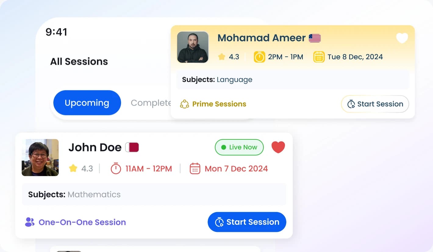 KlassOnline all-sessions list with upcoming and completed tutor session cards