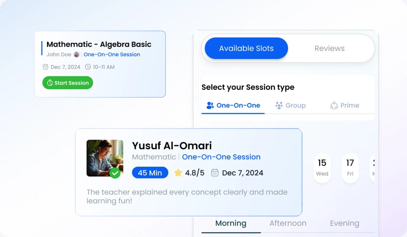 KlassOnline tutor session booking panel with available slots and session reviews