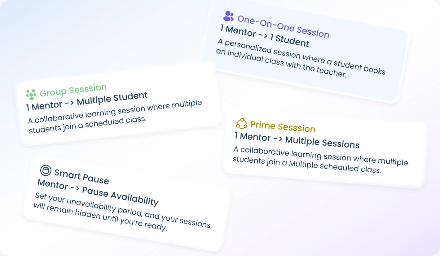 KlassOnline session type cards for one-on-one, group, prime, and smart-pause sessions