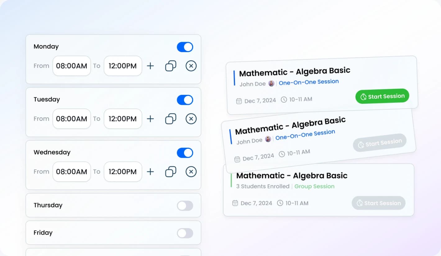 KlassOnline weekly availability schedule for a teacher's classes