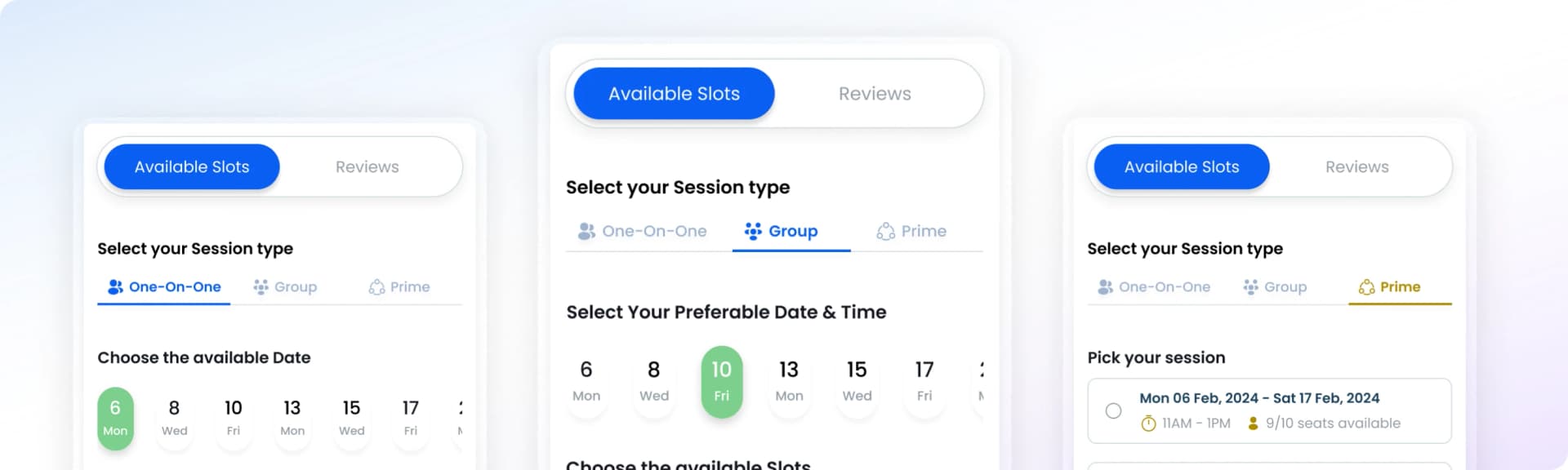 KlassOnline session type and available-slots booking panels