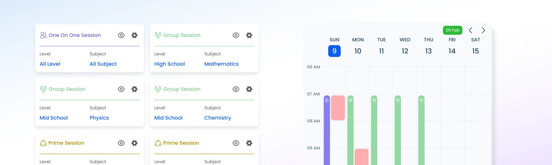 KlassOnline session cards alongside a weekly calendar view