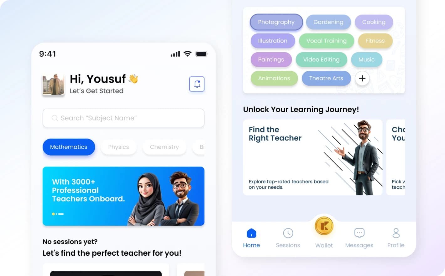 Klass Online student app screens for browsing subjects and finding a teacher