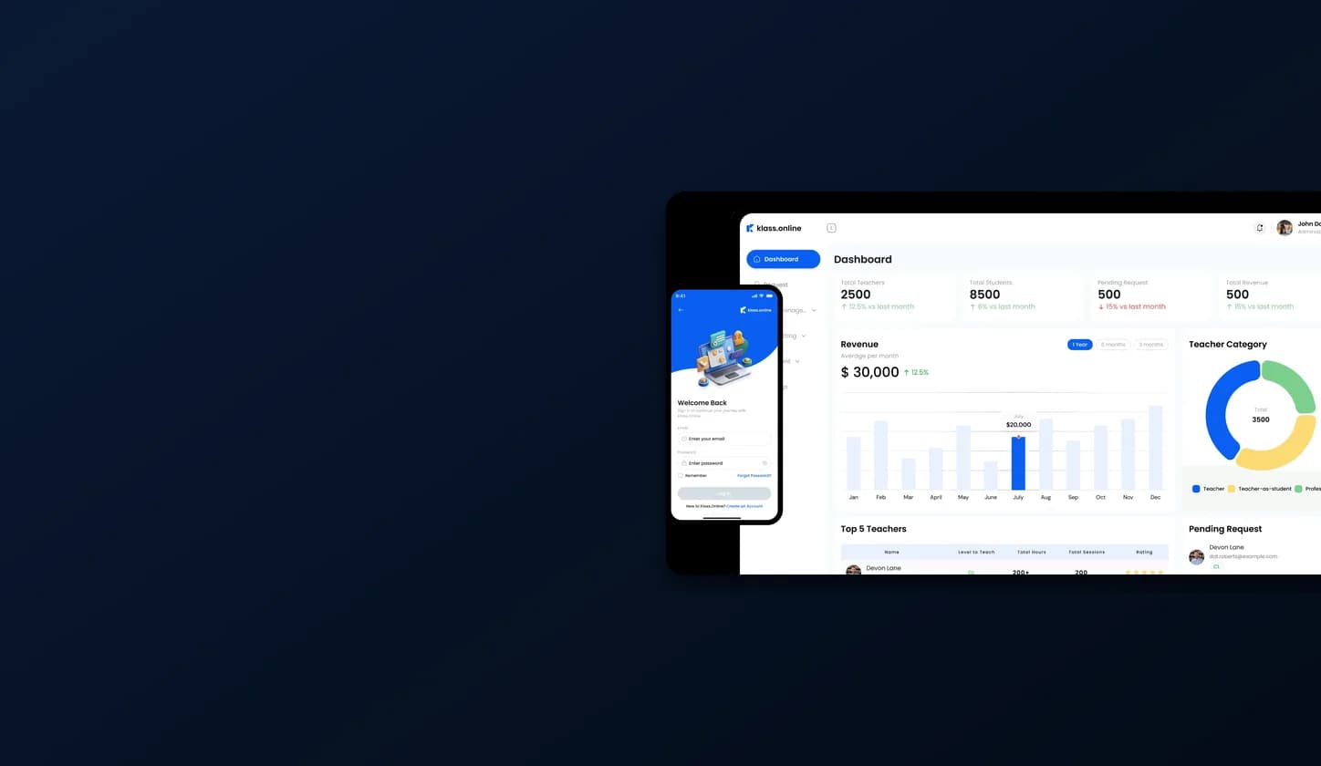 KlassOnline admin dashboard with revenue analytics and mobile login screen