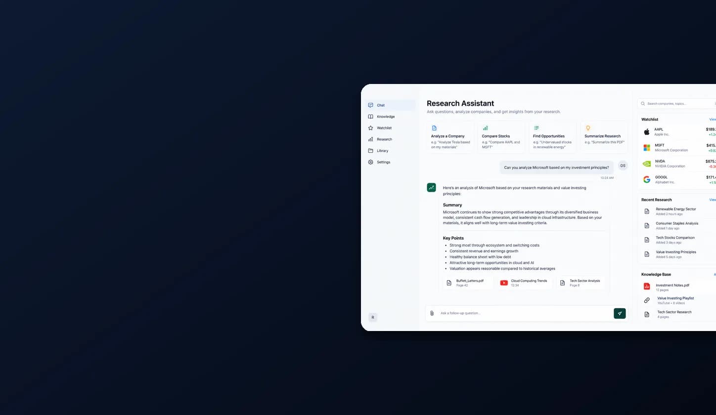 Value Investor AI research assistant dashboard showing stock and company analysis