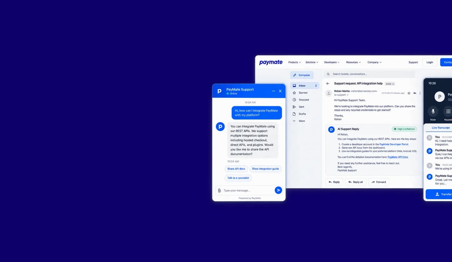 Paymate AI support across chat, email, and voice