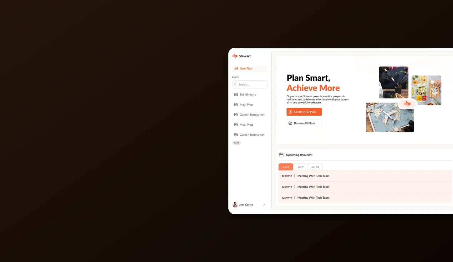 Stewart dashboard showing household planning tools and app mockup