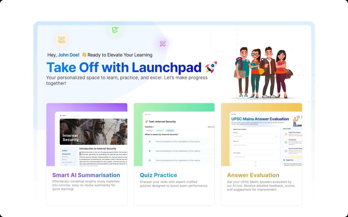 UAIM Launchpad dashboard with Smart AI Summarisation, Quiz Practice, and Answer Evaluation practice cards