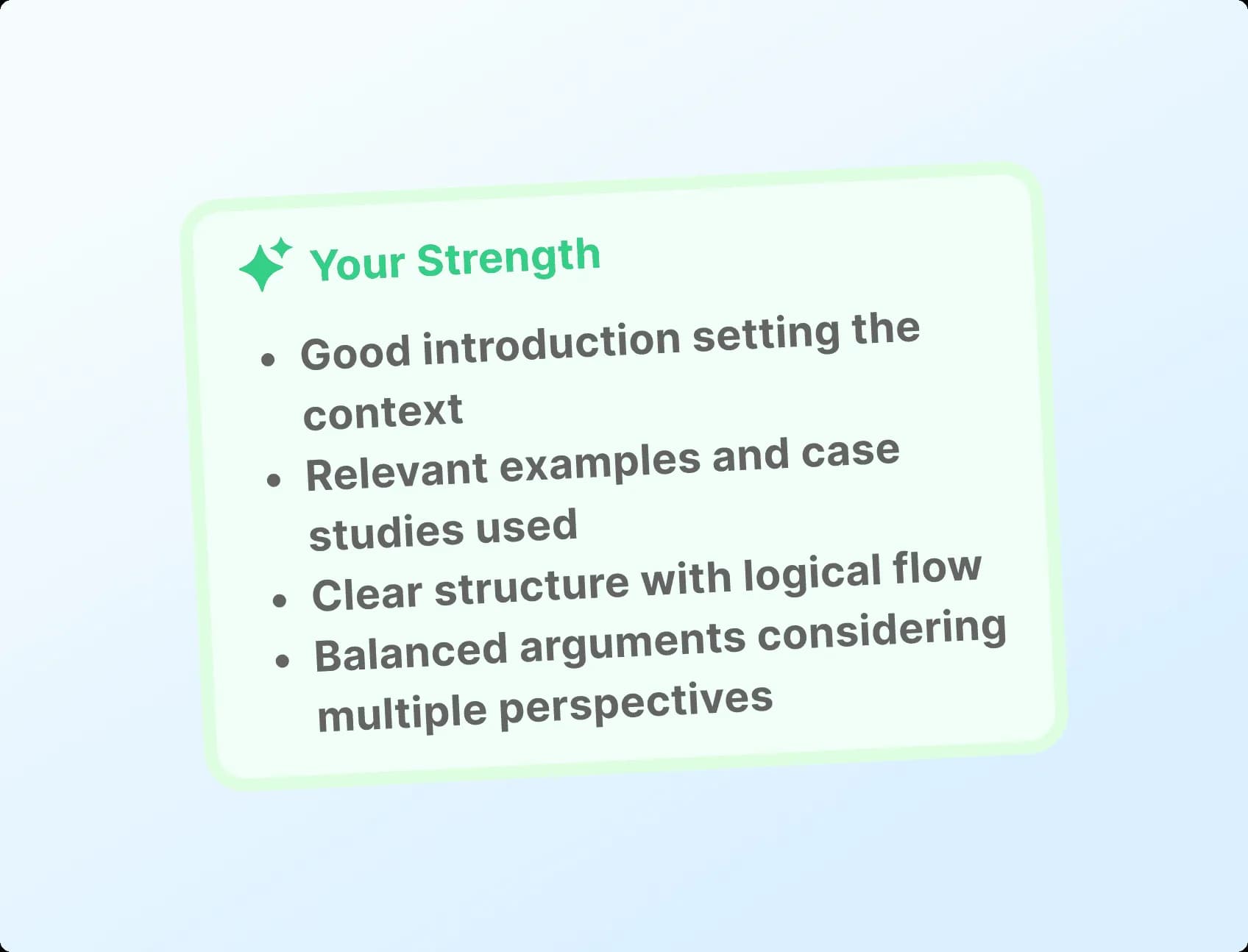 UAIM AI-generated Your Strength feedback panel listing answer strengths