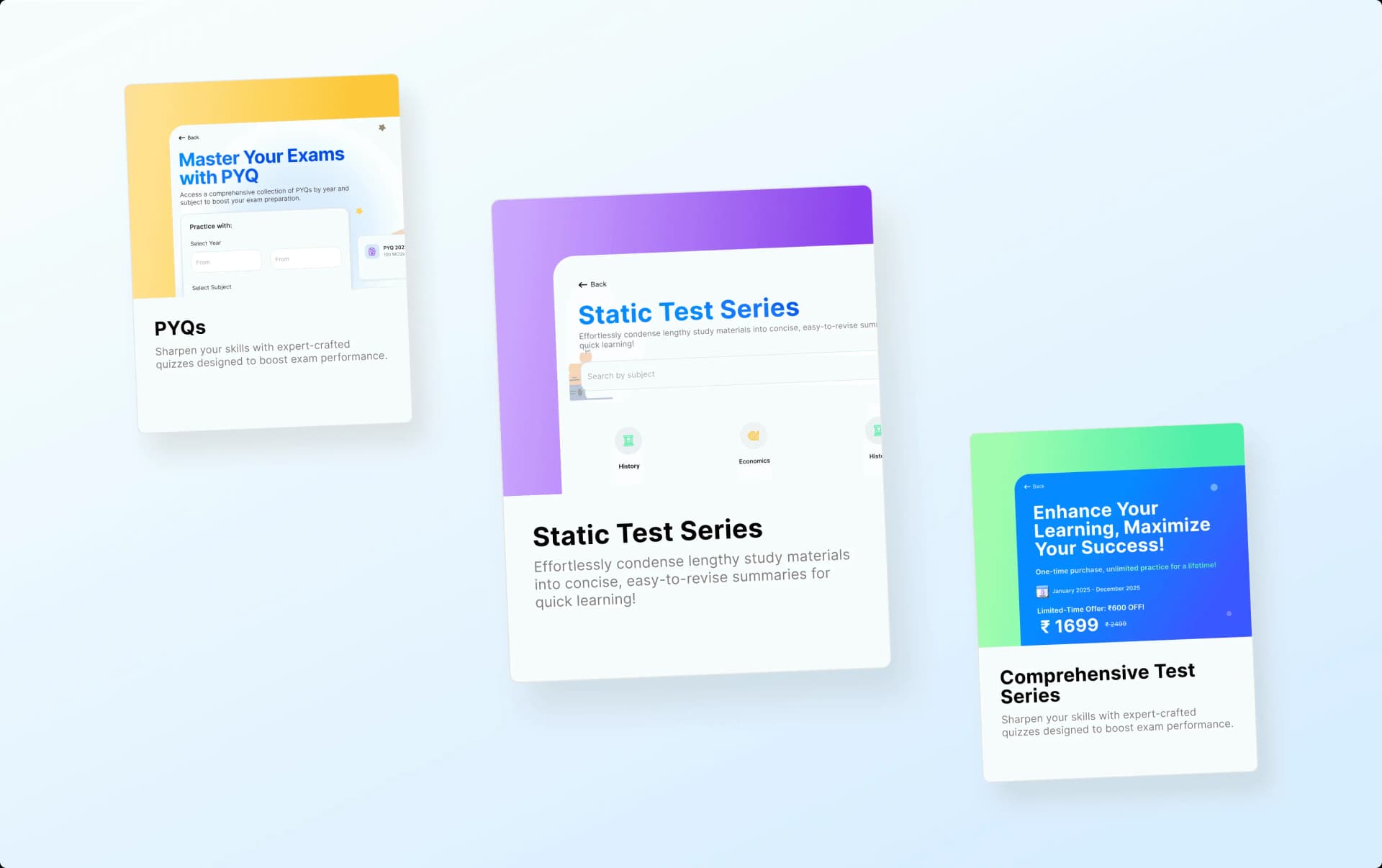 UAIM feature cards for PYQs, Static Test Series, and Comprehensive Test Series