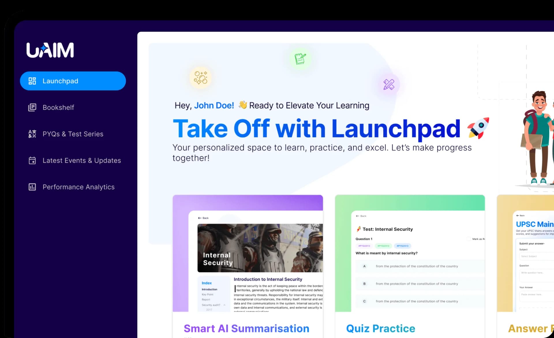 UAIM Launchpad dashboard showing personalized study features like Smart AI Summarisation and Quiz Practice