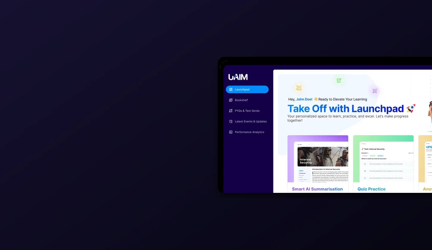 UAIM Launchpad dashboard showing study features and quiz practice