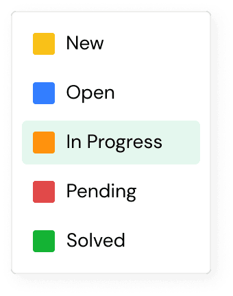 Zenva ticket status selector showing New, Open, In Progress, Pending, and Solved options