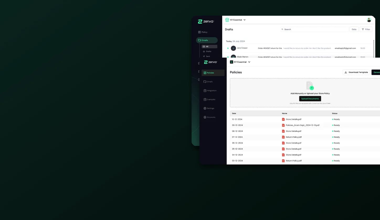 Zenva AI customer service dashboard with drafts and policies management
