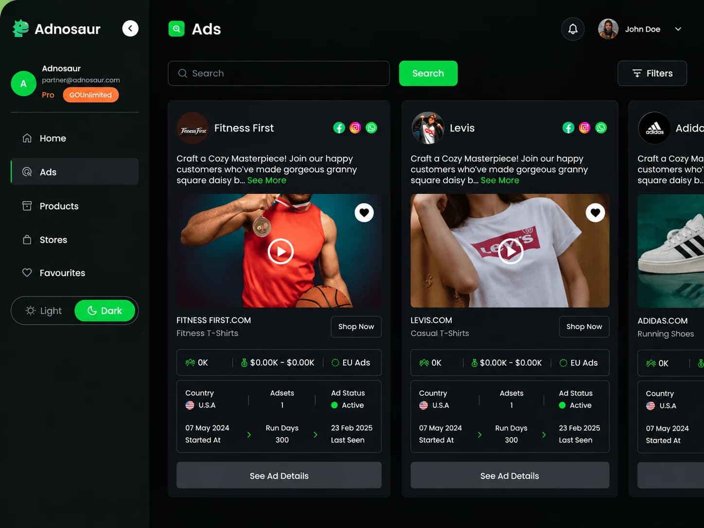 Adnosaur Ads dashboard showing tracked competitor ad campaigns for Fitness First, Levi's, and Adidas