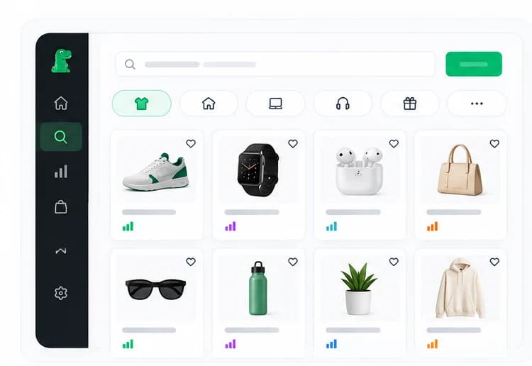 Adnosaur product discovery grid with category filters and trending-score bars for each item