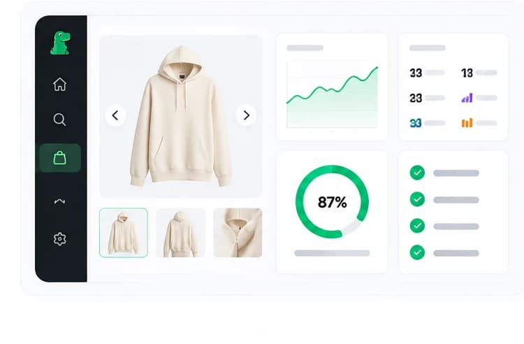 Adnosaur product validation view with performance chart, key stats, an 87% confidence score, and a readiness checklist