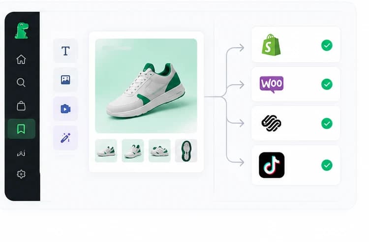 Adnosaur AI content editor for a product image, publishing to Shopify, WooCommerce, Squarespace, and TikTok