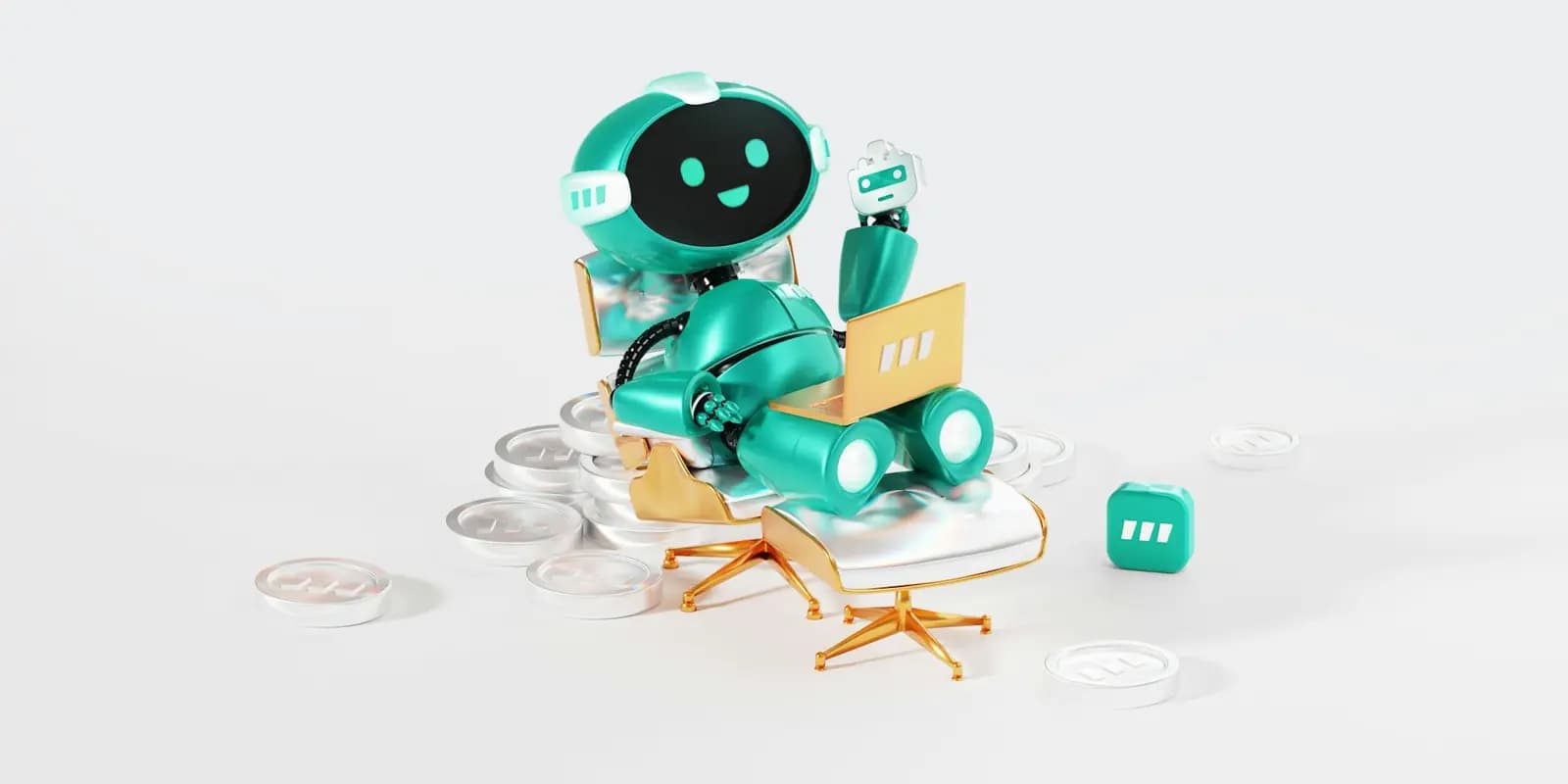 Small teal robot working at a laptop on a desk