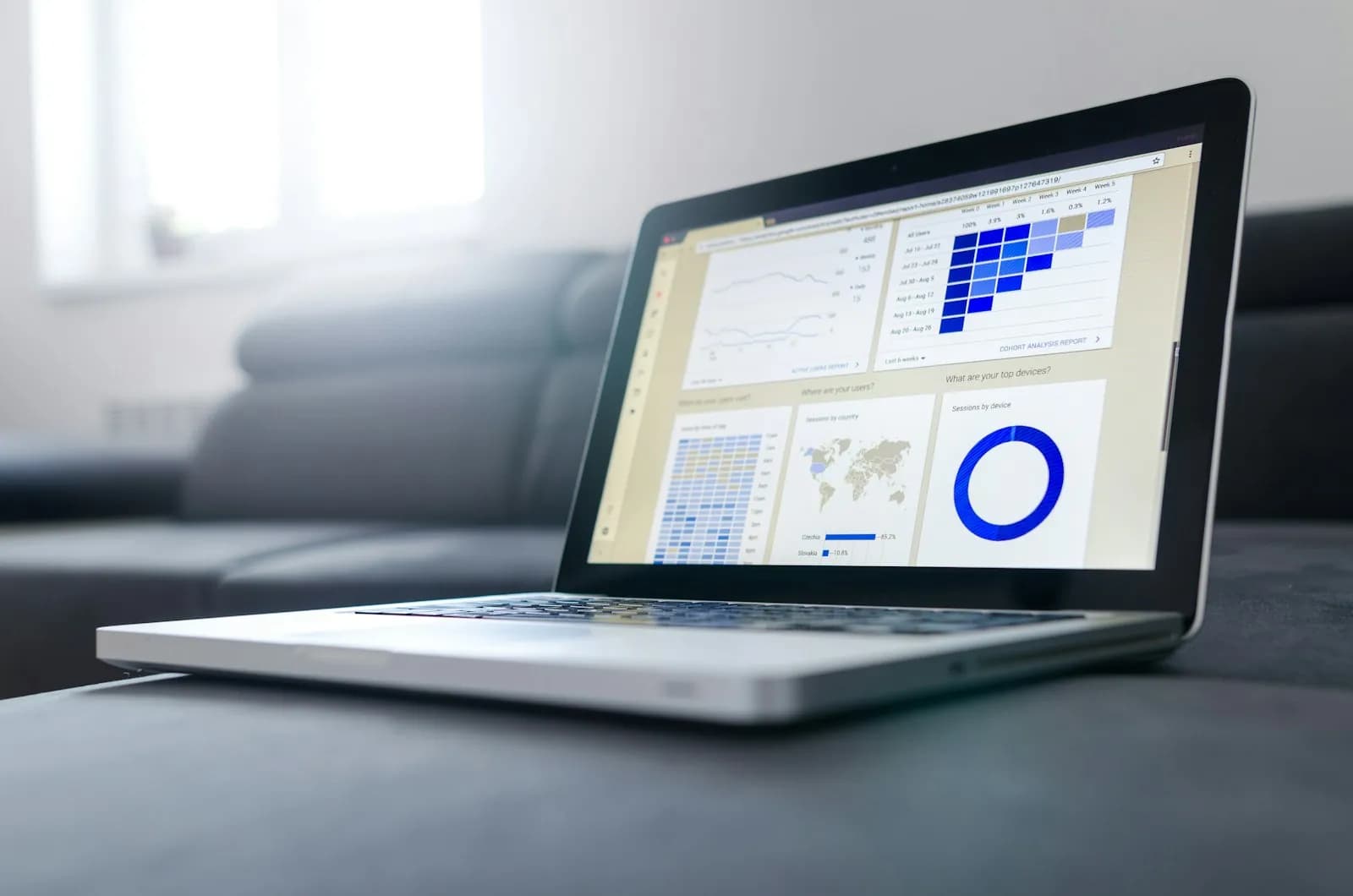 A laptop showing a support analytics dashboard
