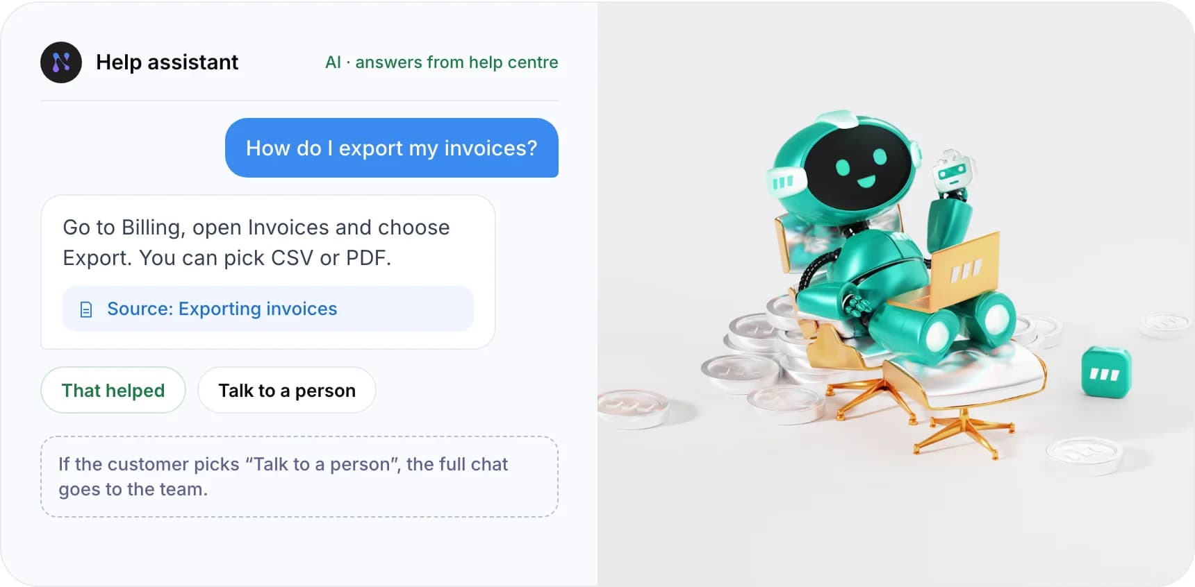 Chat example: an AI agent answers from a help centre article and offers a person if the answer does not help
