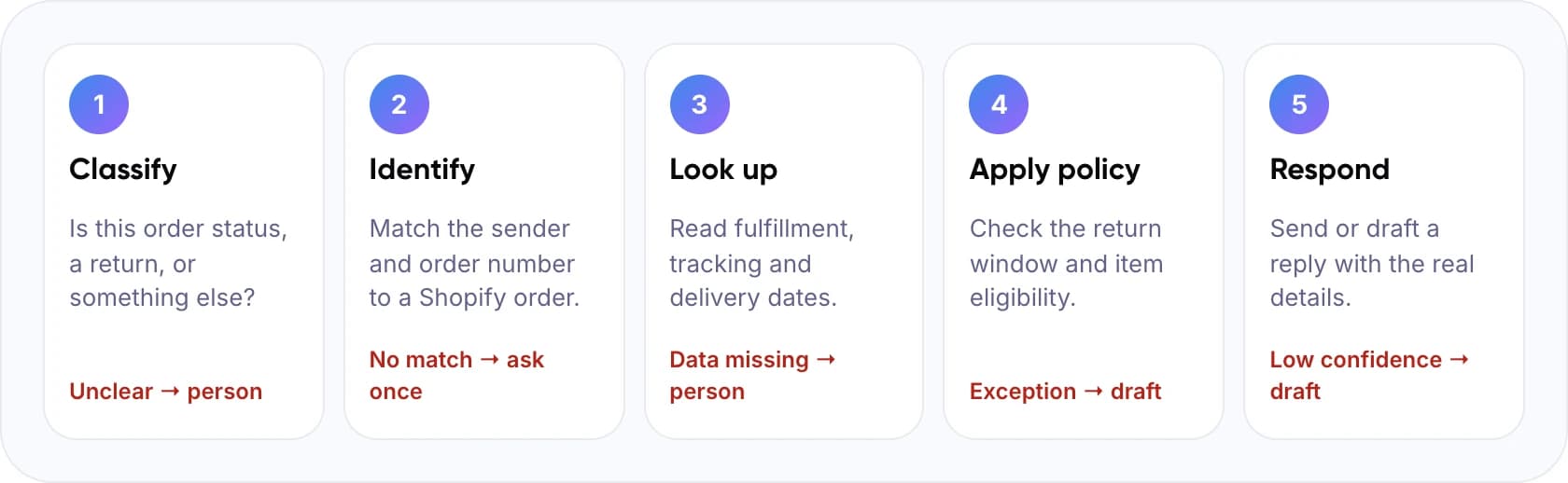 Five checks an AI makes before replying to a Shopify order email: classify, identify, look up, apply policy, respond, each with its failure route
