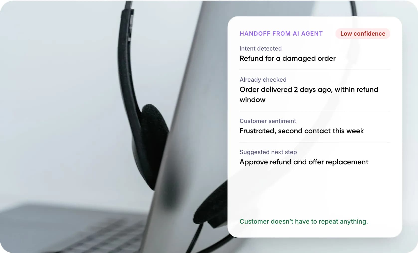Support headset resting on a laptop beside an AI-to-agent handoff card showing intent, checks, sentiment and next step