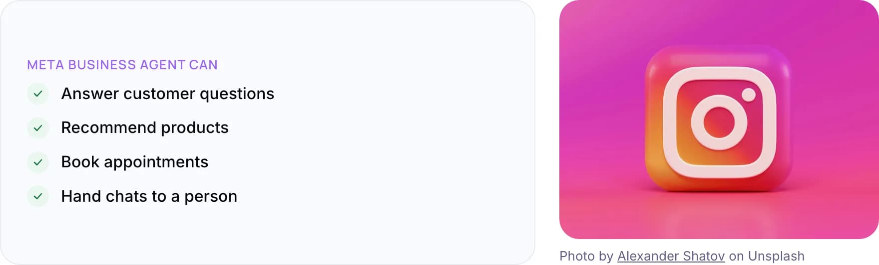 What Meta Business Agent can do: answer customer questions, recommend products, book appointments and hand chats to a person