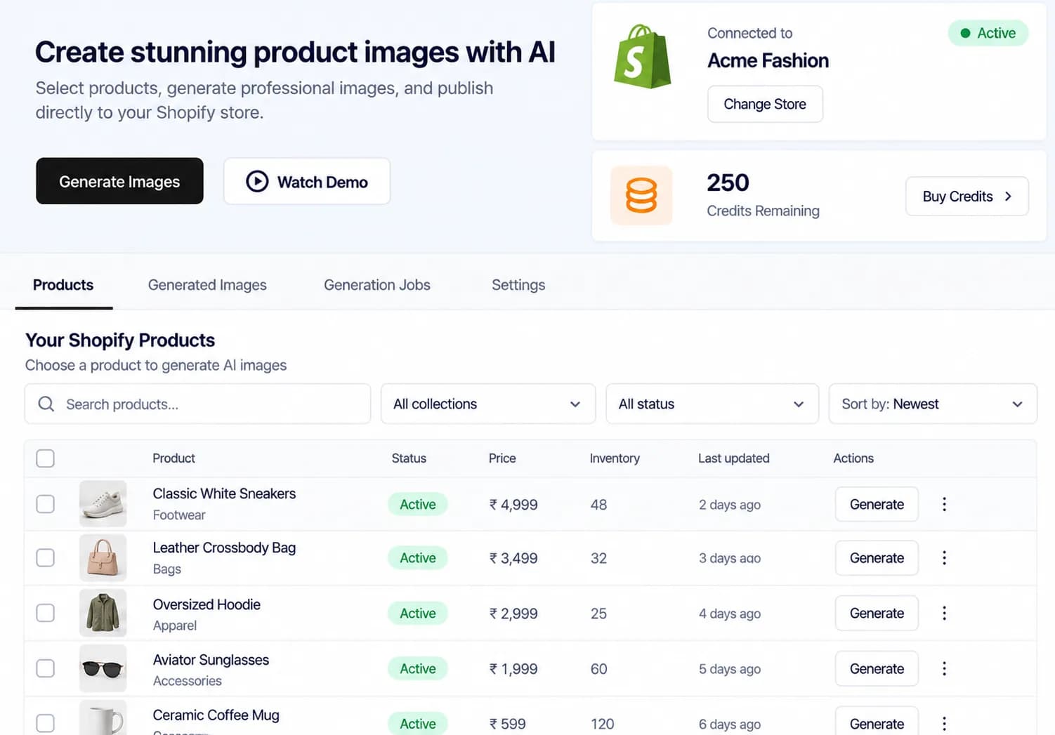 Brand Kings AI product photography dashboard — create stunning product images with AI, connected to a Shopify store