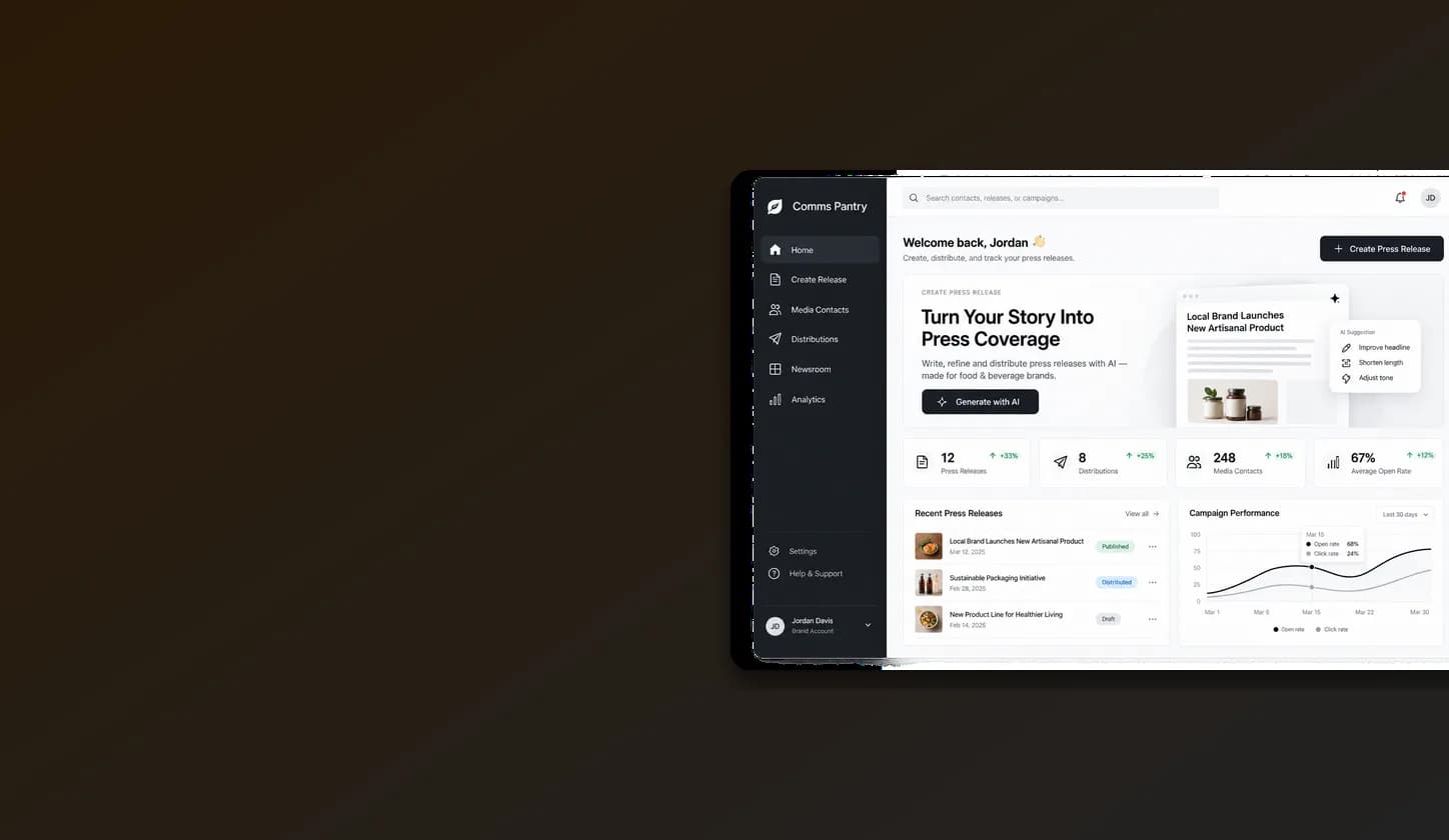 Comms Pantry press release creation and distribution dashboard