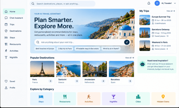 FlexTrip Travel AI travel assistant dashboard showing popular destinations and trip planning