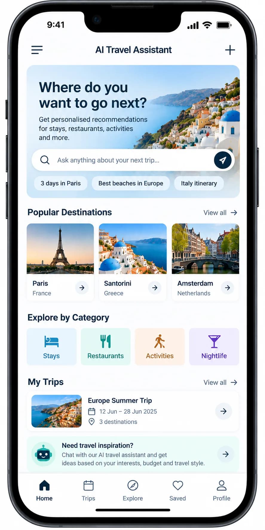 FlexTrip Travel AI travel assistant on mobile, showing popular destinations and trip categories