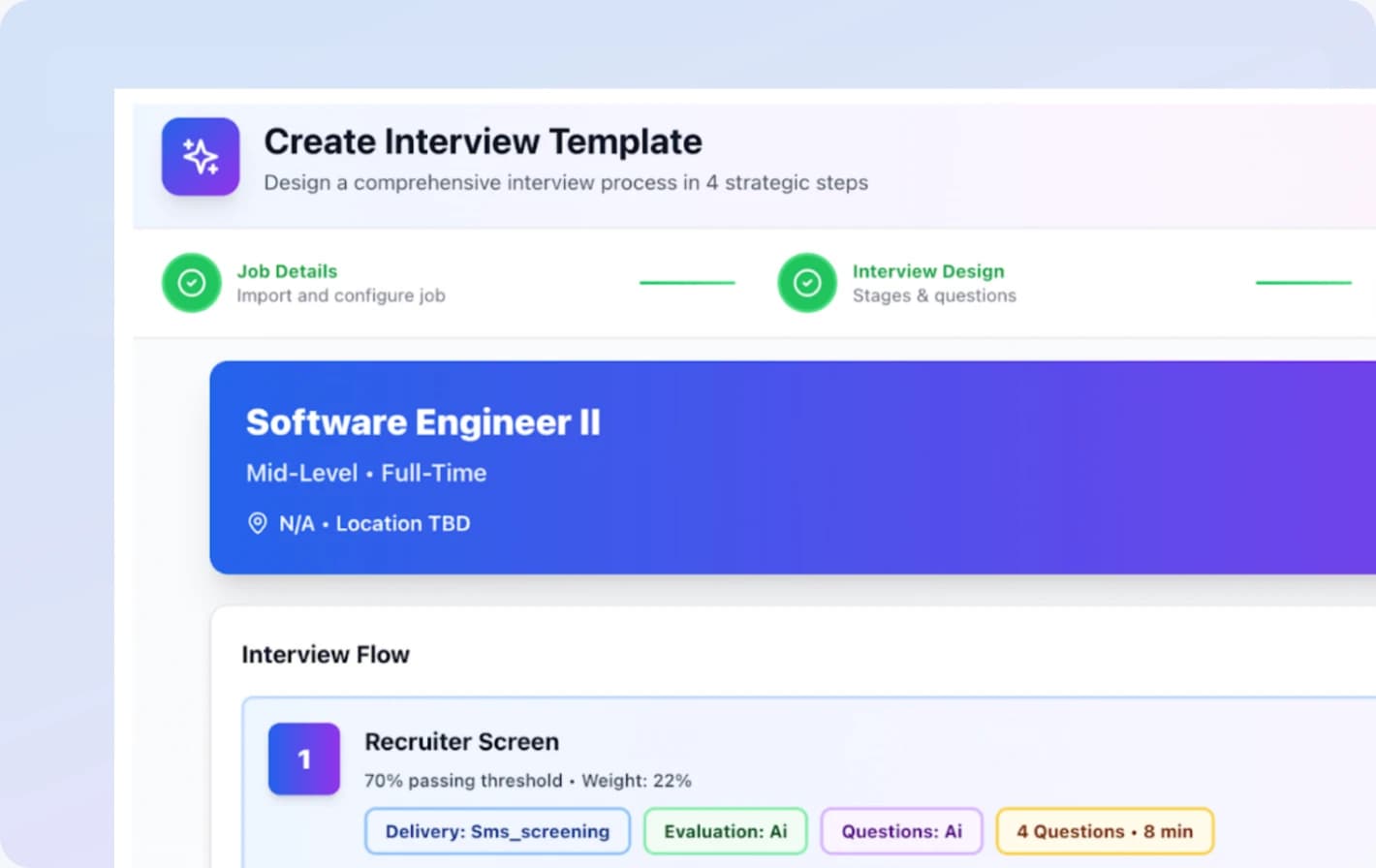 Interviewfy Create Interview Template flow with a Software Engineer II job summary and interview flow